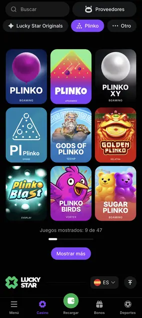 Pantalla de Lucky Star: sección de Plinko con Plinko XY, Gods of Plinko y Sugar Plinko