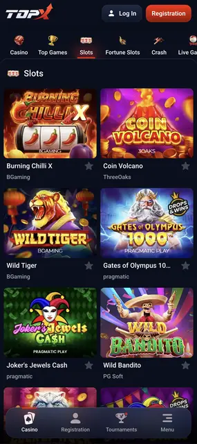 Sección de slots con Gates of Olympus 1000 y Wild Tiger en el sitio de TopX
