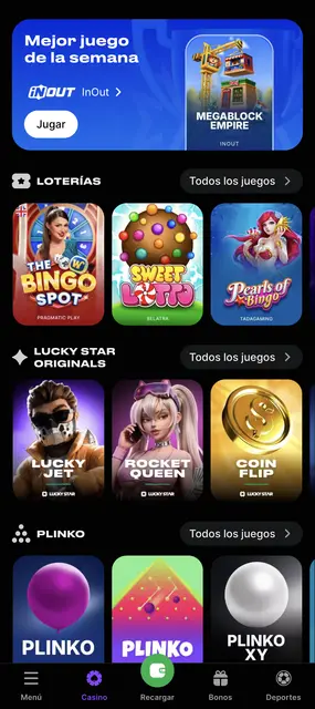 Pantalla de Lucky Star: apartado de loterías con The Bingo Spot y Sweet Lotto